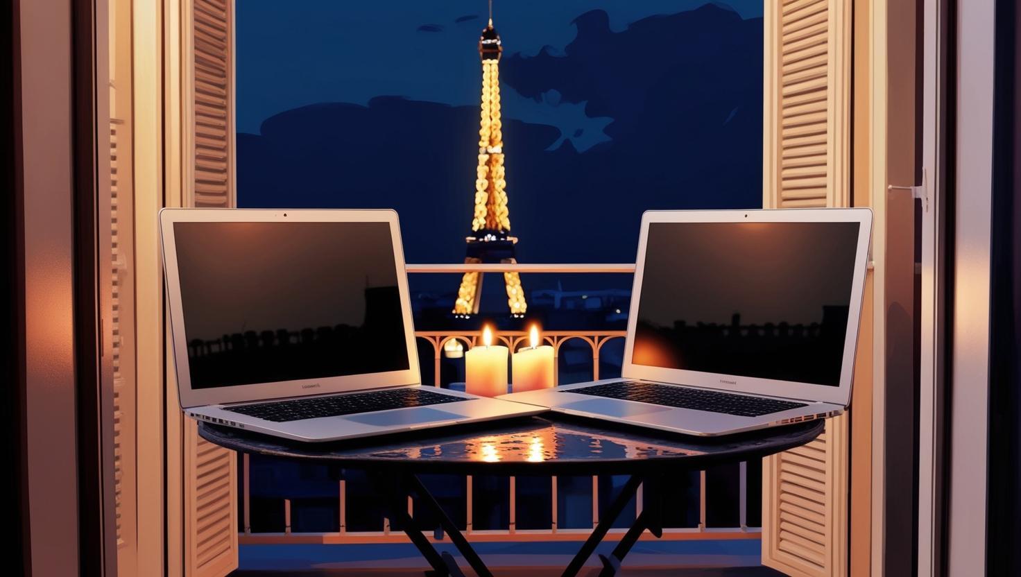 two laptops on a romantic date at night time in paris